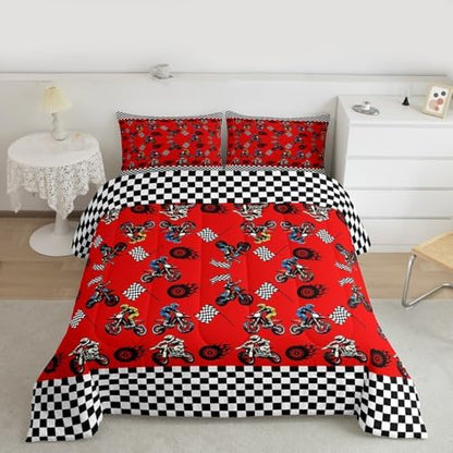 Feelyou Dirt Bike Comforter Set Queen Size Racing Motocross Rider Bedding Set for Kids Boys Girls Motorbike Duvet Quilt Motorcycle Bedroom Decor Extreme Sports Microfiber 3 Pcs with 2 Pillow Cases