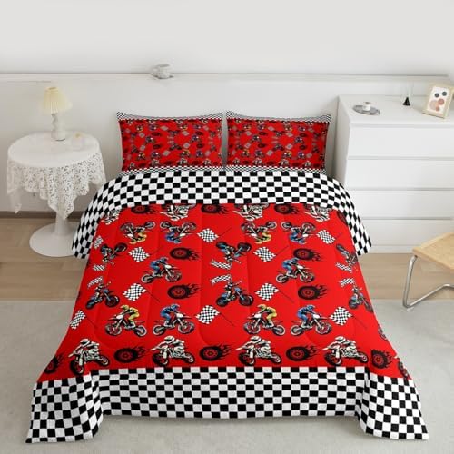Feelyou Dirt Bike Comforter Set King Size Racing Motocross Rider Bedding Set for Kids Boys Girls Motorbike Duvet Quilt Motorcycle Bedroom Decor Extreme Sports Microfiber 3 Pcs with 2 Pillow Cases
