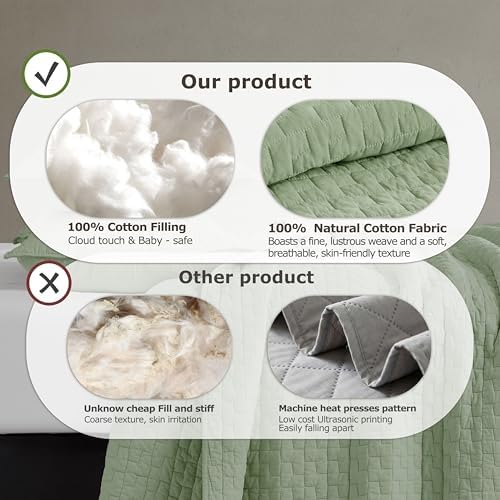 palassio Sage Green 100% Cotton Quilt Twin Size Bedding Sets with 1 Pillow Sham, Textured Lightweight Soft Bedspread Shabby Chic Coverlet, Quilted Thin Comforter Bed Cover for All Season, 2 Pieces