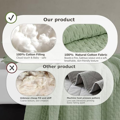 palassio Sage Green 100% Cotton Quilt King Size Bedding Sets with 2 Pillow Shams, Textured Lightweight Soft Bedspread Shabby Chic Coverlet, Quilted Comforter Bed Cover for All Season, 3 Pieces
