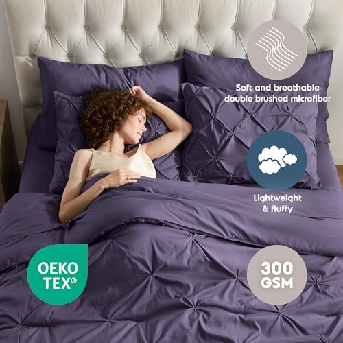 Nestl 9 Piece Queen Comforter Set – Purple Pinch Pleated Bed in a Bag – Complete Queen Size Bedding Set with Sheets, Set of 2 Cooling Pillows, Pillowcases and Shams