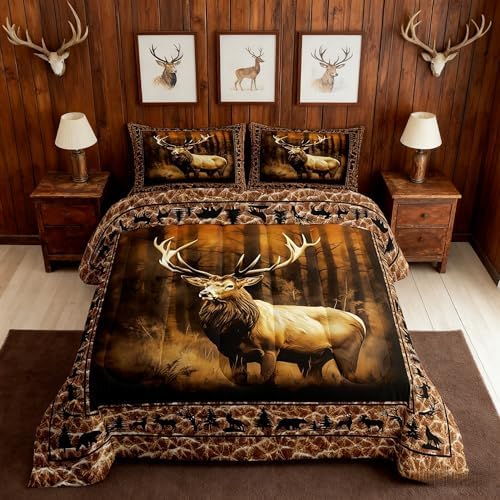 Manfei Deer Comforter Set Queen Size, Wild Animal Theme Bedding Set 3pcs for Kids Boys Teens Bedroom Decor, Black Elk Bear Wolf Trees Quilt Set Wildlife Hunting Duvet Set with 2 Pillowcases