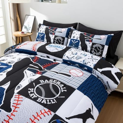 A Nice Night Sports Baseball Comforter Queen Bedding Set for Boys,Blue
