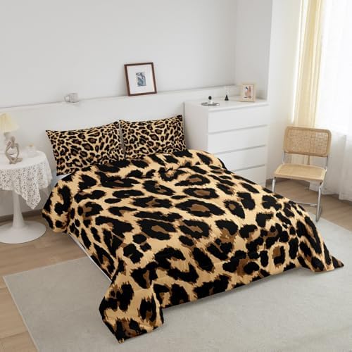 Leopard Print Comforter Set Black Brown Leopard Bedding Set Africa Leopard Pattern Duvet Set for Kids Boys Girls Children Women Bedroom Decorative Africa Wild Animal Theme Comforter Full Size 3Pcs