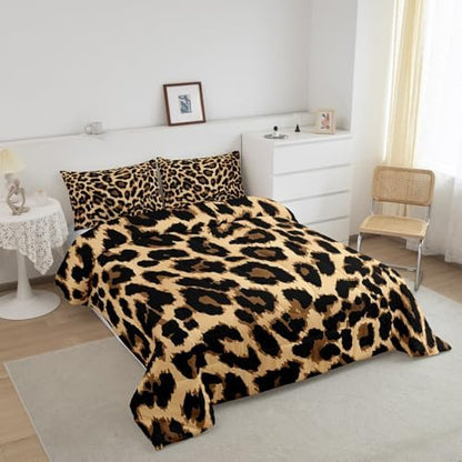 Leopard Print Comforter Set Black Brown Leopard Bedding Set Africa Leopard Pattern Duvet Set for Kids Boys Girls Children Women Bedroom Decorative Africa Wild Animal Theme Comforter Full Size 3Pcs
