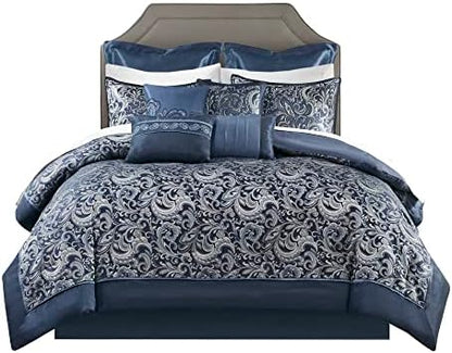 Madison Park Essentials Brystol 24 Piece Room in a Bag Faux Silk Comforter Jacquard Paisley Design Matching Curtains Down Alternative All Season Bedding-Set, Cal King(104 in x 92 in), Navy 24 Piece