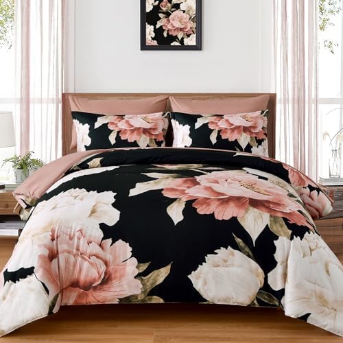 Dobuyly Black Twin Comforter Set 5 Piece Bed in a Bag, Pink Floral Printed on Black Comforter Set with Sheets, Soft Microfiber Botanical Flower Twin Bedding Set for All Season