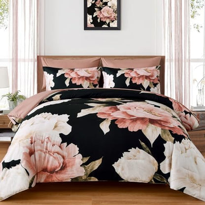 Dobuyly Black Twin Comforter Set 5 Piece Bed in a Bag, Pink Floral Printed on Black Comforter Set with Sheets, Soft Microfiber Botanical Flower Twin Bedding Set for All Season