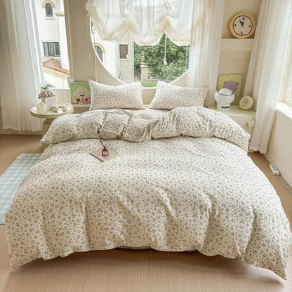 VM VOUGEMARKET Girls Duvet Cover Set Twin Soft Lightweight Muslin Cotton Floral Duvet Cover with 2 Pillowcases Vintage Botanical Bedding Comforter Cover with Zipper Ties