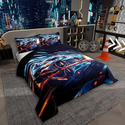 Boys Race Car Toddler Size Bedding Set,Cool Race Sports Car Set Comforter Set for Kids Boys,Teal Blue Racing Cars Bed for Boy,Glitter Stripes Cool Sports Cars Bedding Comforter Set,Soft Lightweight