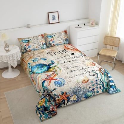 Homewish Crab Coral Starfish Comforter Set Full Size,Nautical Anchor Bedding Set 3Pcs for Kids Girls Boys Teens Room Decor,Ocean Animals Quilt Set Vintage Bible Quotes Duvet Insert,2 Pillowcases