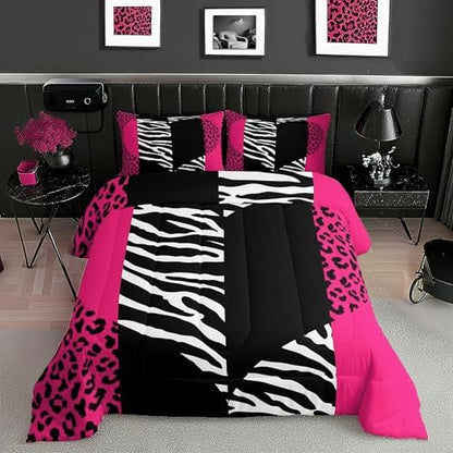 Pink Leopard Comforter Set Twin Size Girls Cute Zebra Heart Bedding Set 2pcs Geometric Patchwork Stripes Quilted Duvet for Women Teens Room Decor Romantic Wild Animals Fur Bedspread,1 Pillowcase