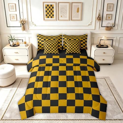 Feelyou Checkered 7 Piece Bedding Set Teen Yellow Black Plaid Comforter Set with Sheets King Size Kids Boys Cute Retro Neutral Checkerboard Geometric Bed in a Bag Vintage Aesthetic Room Decor
