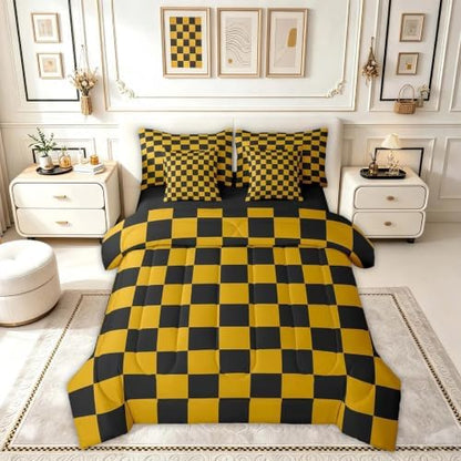 Feelyou Checkered 7 Piece Bedding Set Teen Yellow Black Plaid Comforter Set with Sheets Twin Size Kids Boys Cute Retro Neutral Checkerboard Geometric Bed in a Bag Vintage Aesthetic Room Decor