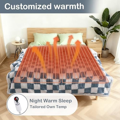 Electric Heated Blanket Full Size 72"×84" with 9 Heating Levels & 1-10Hs Auto Off, Checkered Plaid Double Sided Sherpa, Energy Efficient, Machine Washable, Couch & Bed, Gifts for Grandma- Light Blue