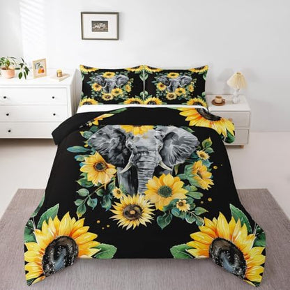 Elephant Comforter Set, Yellow Sunflower Down Comforter Full Size for Kids Girls Teens Adult Bedroom Decor, African Safari Animal Duvet Sets Floral Petal Country Bedding Set with 2 Pillow Cases