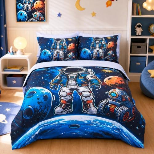 Viviland Kids Bedding Set Full Size Comforter Sets, Bed in Interstellar Astronaut Cover Set for Children