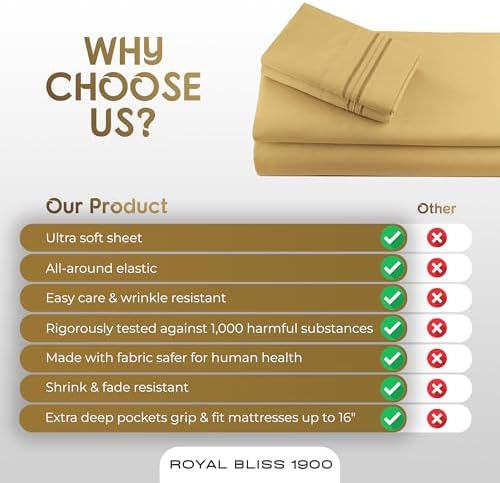 Split King Sheets Set with 2 Twin XL Fitted Sheet - 5 Piece Bedding - Wrinkle Free, Fade Resistant, Double Brushed Microfiber - Deep Pockets/Easy Fit (Gold)