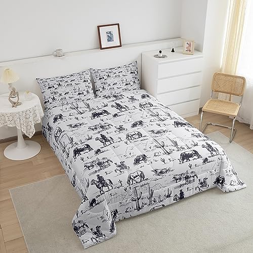 Feelyou Western Comforter Set Queen Size, White and Black Cowboy Cow Bedding Set Cowboy Comforter Desert Cactus Duvet Set Soft Bed Set 3Pcs