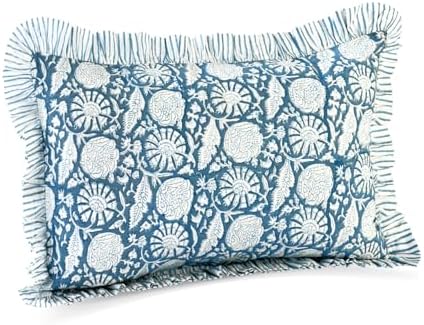 CPC Block Print Blue Meadow Ruffle Cotton Lumbar Pillow Cover 12x20 inch