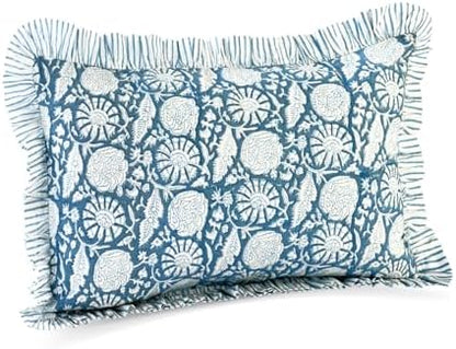 CPC Block Print Blue Meadow Ruffle Cotton Lumbar Pillow Cover 12x20 inch