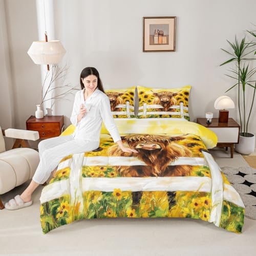 jejeloiu Highland Cow Comforter Set All Season Highland Cattle Bedding Set with 2 Pillow Cases Sunflower Farmhouse Microfiber Kids Full Bedclothes Wildlife Bedroom Decor Duvet Quilt Breathable Soft