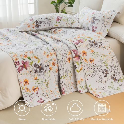 Lady Ann 100% Cotton Quilt Sets Queen, Yellow Flower Botanical Pattern Printed Quilted 102x118 Bedspread Set,Vintage Coverlet Ultra Soft Bedspread Set with Pillow Shams All Season,3 PCS