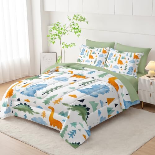 HOSIMA Kids Watercolor Dinosaur Bed in a Bag 7 Pieces Bedding Set King.