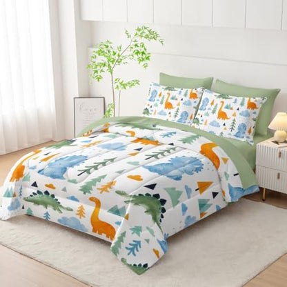 HOSIMA Kids Watercolor Dinosaur Bed in a Bag 7 Pieces Bedding Set Full.