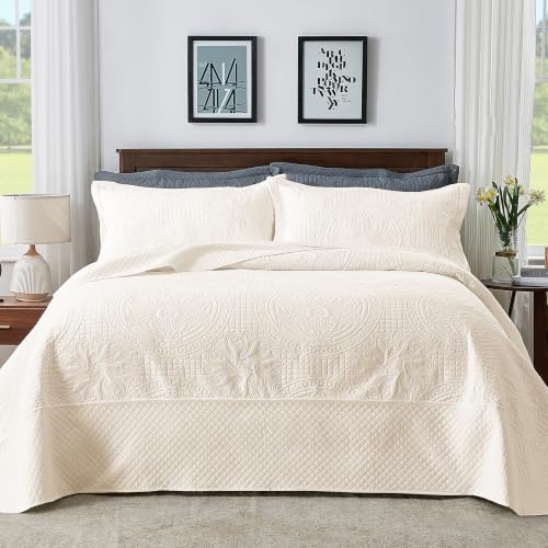 Qucover Oversized King Bedspread 132x120 Medallion Quilt Set Light Beige