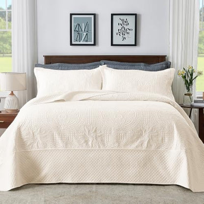 Qucover Oversized King Bedspread 132x120 Medallion Quilt Set Light Beige