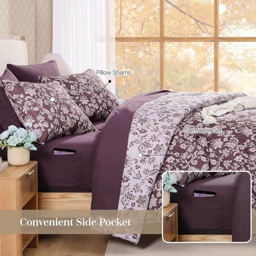 BLOOMHAVEN King Size Comforter Set-7 Pieces Purple Floral Bed in a Bag King