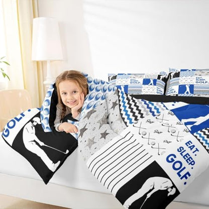 Erosebridal Golf Bedding Sets Queen Sports Themed Comforter Sets for Kids Teens Eat Sleep Golf Print Bedding Comforter Sets Blue White Black Grey Quilt Comforter Geometric Duvet Set Luxury Home Decor