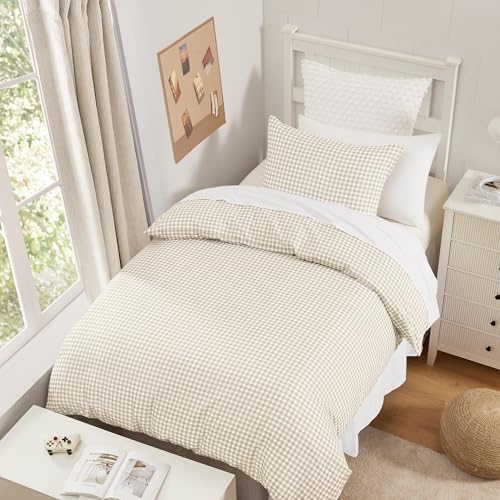 Andency Cream Gingham Duvet Cover Twin, Beige Checkered Plaid Bedding Set
