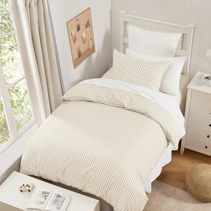 Andency Cream Gingham Duvet Cover Twin, Beige Checkered Plaid Bedding Set