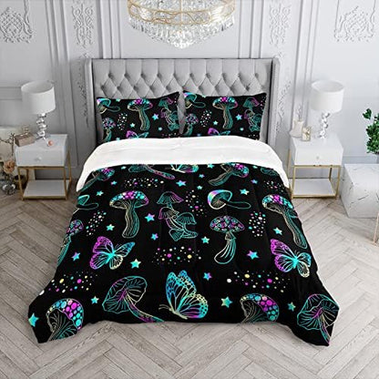 Colorful Mushroom Comforter Set Queen Size Kids Mushroom Butterfly Bedding Set Star Quilt Bed Set for Boys Girls Adults with 1 Comforter and 2 Pillowcases