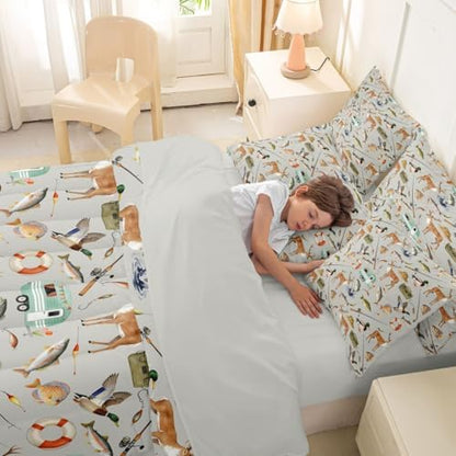 Erosebridal Hunting and Fishing 7 Piece Bed in A Bag Twin Mallard Duck Deer Hunting Comforter Set Bass Fish Camper Car Bedding Sets for Kids Boys Girls Rustic Cabin Wild Gray Sheet Set with Comforter