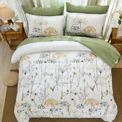 Yiran Queen Comforter Size Set, 7 Piece Green Dandelion Floral Bed in a Bag