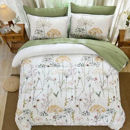 Yiran King Comforter Size Set, 7 Piece Green Dandelion Floral Bed in a Bag