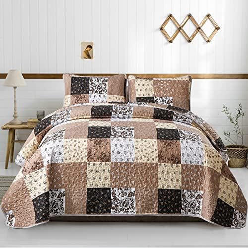 Mybedsoul Brown Quilt California King, Patchwork Floral Bedding Set