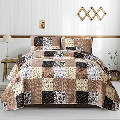 Mybedsoul Brown Quilt California King, Patchwork Floral Bedding Set