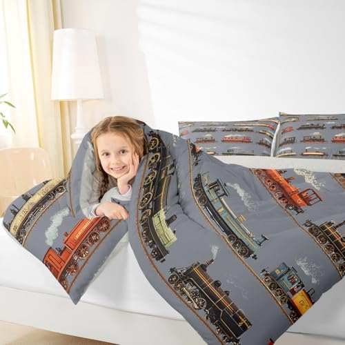 Feelyou Train Comforter Set Toddler Size Retro Steam Engine Train Bedding Set for Kids Boys Girls Vintage Transport Vehicle Duvet Quilt Bedroom Decor Microfiber 2 Pcs with 1 Pillow Cases