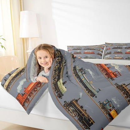 Feelyou Train Comforter Set Toddler Size Retro Steam Engine Train Bedding Set for Kids Boys Girls Vintage Transport Vehicle Duvet Quilt Bedroom Decor Microfiber 2 Pcs with 1 Pillow Cases