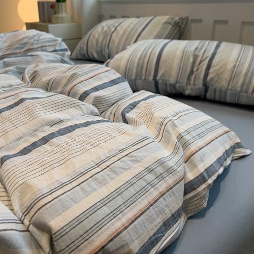 mixinni Vintage Blue and White Striped Duvet Cover Set Queen - 100% Washed Cotton 3 Piece Bedding Set with Geometric Pattern, Soft Breathable Comforter Cover with Zipper Closure & Corner Ties