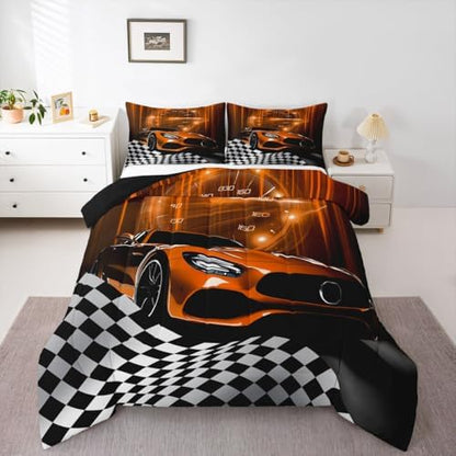 Erosebridal Orange Race Car Comforter Set for Teen Boys,Glitter Ombre Line Art Bedding Set Neon Light Sports Car Dashboard Quilt Full,Black and White Grid Lattice Buffalo Plaid Decor
