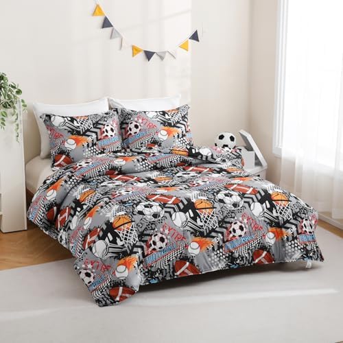 Yibeizi Grey Sports Comforter Set for Boys Full Baseball Bedding