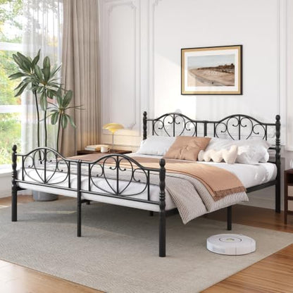 Askeld King Bed Frame with Victorian Style Headboard and Footboard, Black