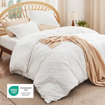 Bedsure Boho Duvet Cover King, Vintage Tufted Bedding, 4-Piece, White