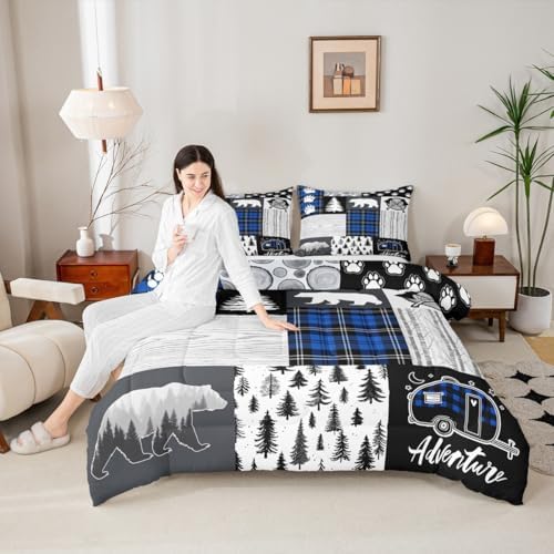 Bear Paws Comforter Set Queen Size,Pine Trees Geometric Plaids Patchwork Bedding Set for Kids Boys Girls Adults Room Decor,Hunting Adventure Down Comforter,Blue Rustic Duvet Insert,2 Pillowcases