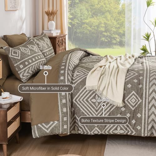 Yiran Boho Comforter Set Queen Size, 7 Pieces Aztec Brown Bed in a Bag